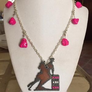 Barrel Racer Necklace-Hot Pink Turquoise Accents,Rhinestones,Rustic Pendant